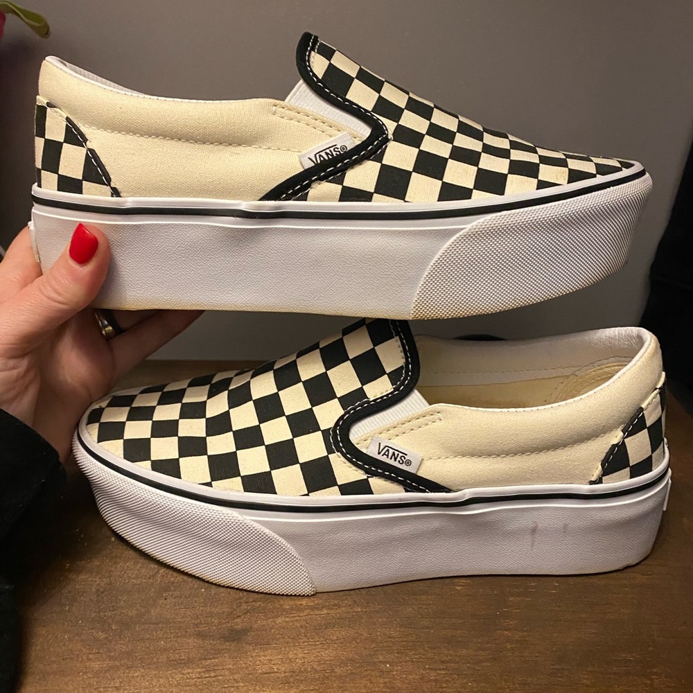 Vans Women's Checkered Slip-On Shoes - Black and Cream